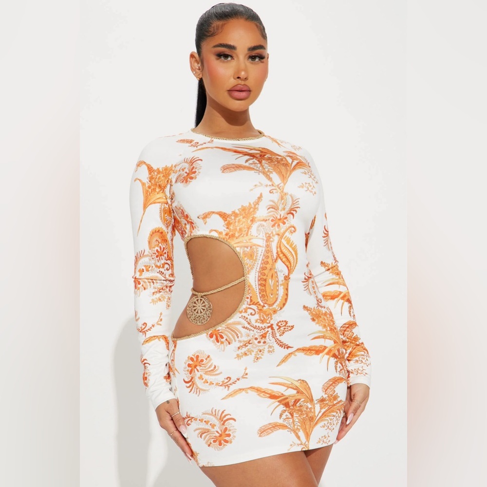 White & Orange Cutout Mini Dress